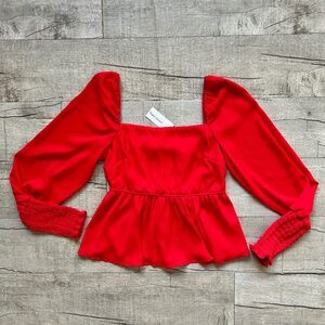NWT Francesca's Mi Ami Red Peplum Square Neck Ruched Bright Red Bloues Top S